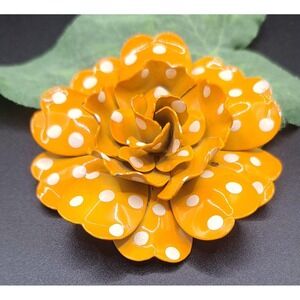 Vintage Orange Pokadot Enamel Flower Brooch Pin